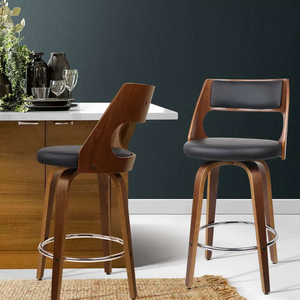 Bar Stools Set of 2 Wooden PU Leather - Black and Wood