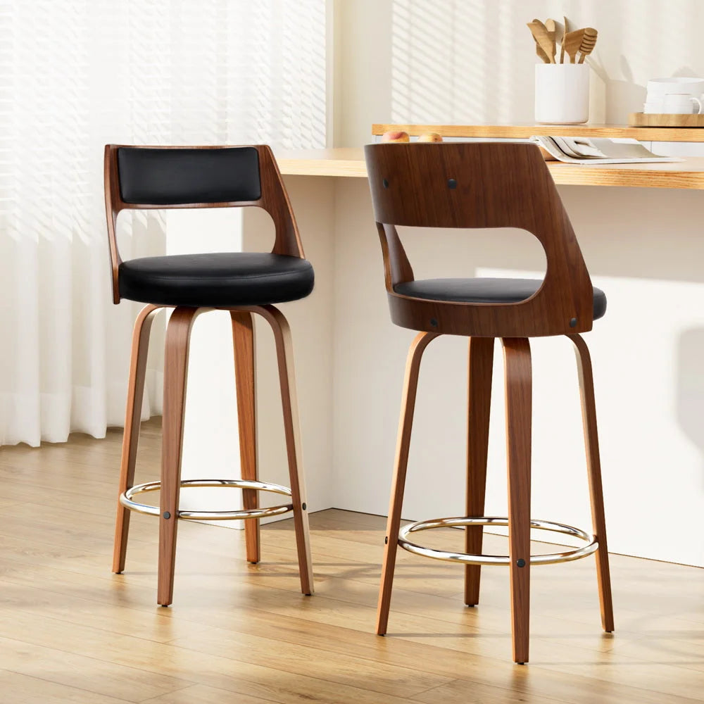 Bar Stools Set of 2 Wooden PU Leather - Black and Wood