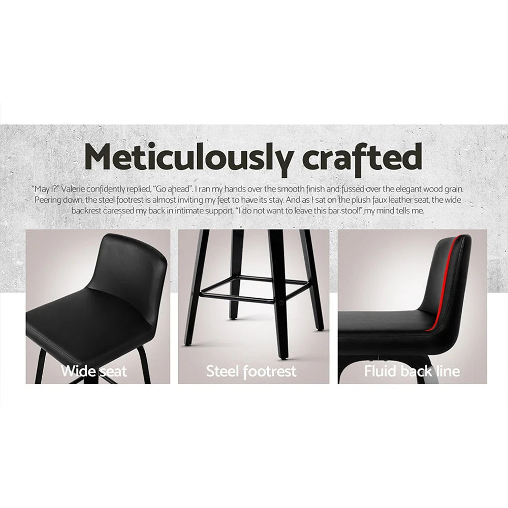 Bar Stools Set of 2 Wooden PU Leather - Black - Bar Stools