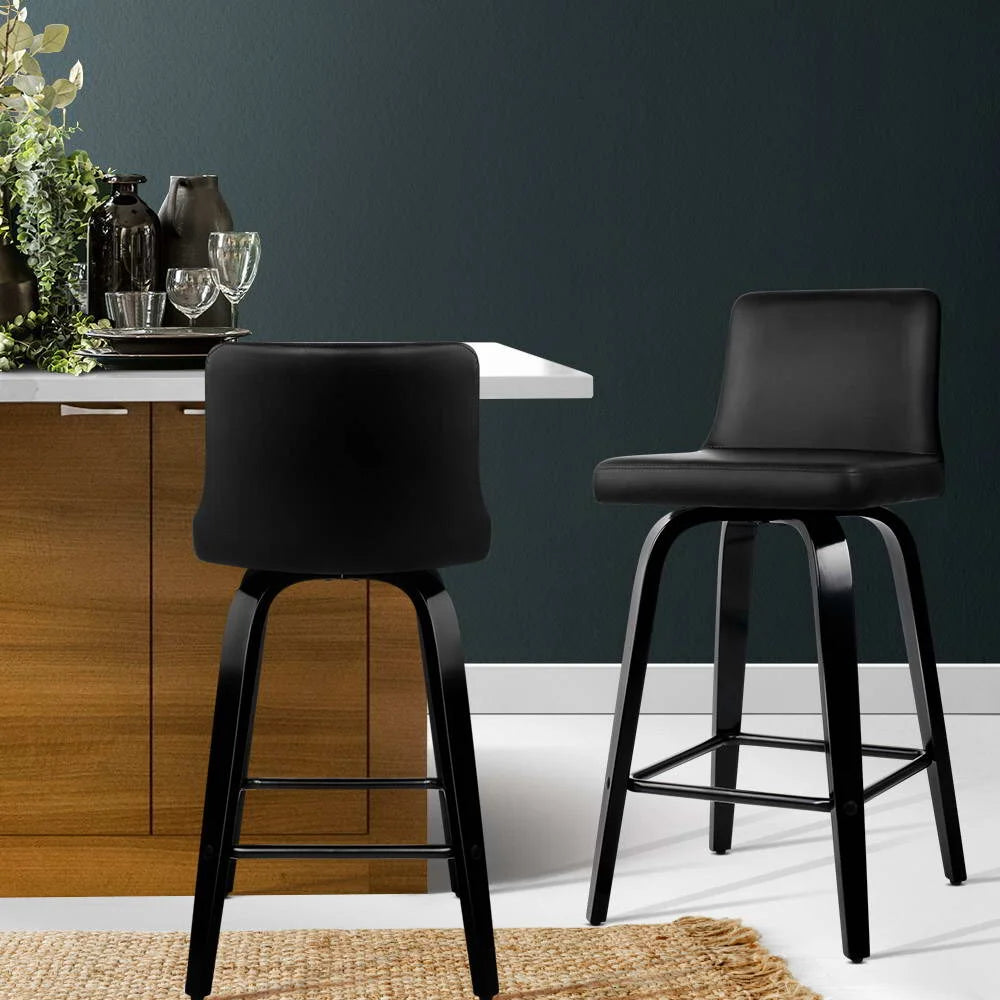 Bar Stools Set of 2 Wooden PU Leather - Black - Bar Stools