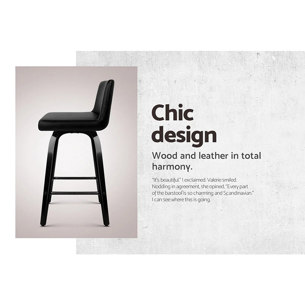 Bar Stools Set of 2 Wooden PU Leather - Black - Bar Stools