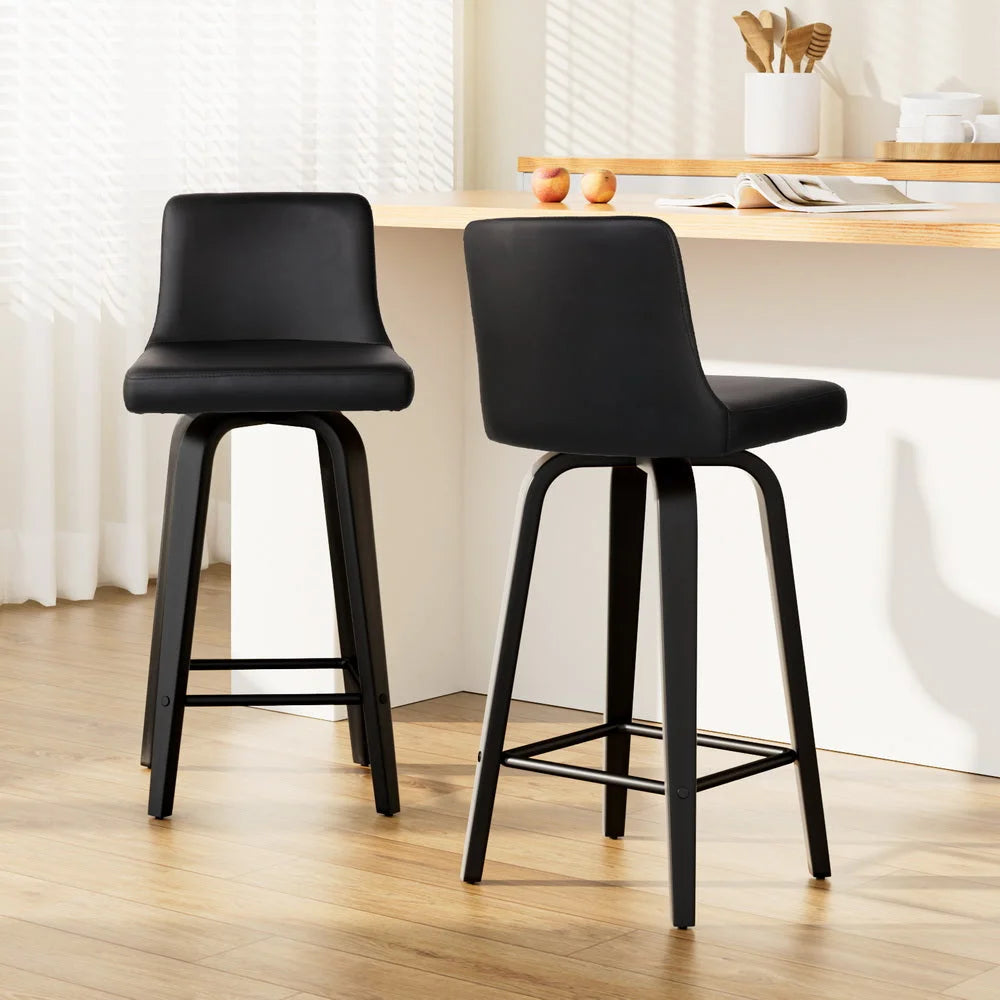 Bar Stools Set of 2 Wooden PU Leather - Black - Bar Stools