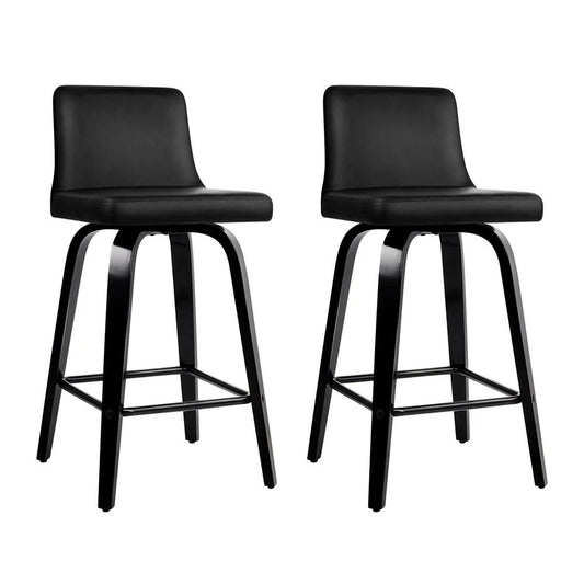 Bar Stools Set of 2 Wooden PU Leather - Black - Bar Stools