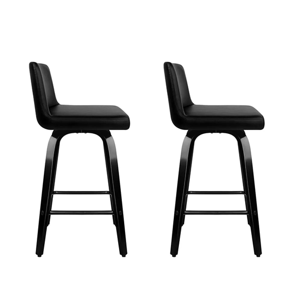 Bar Stools Set of 2 Wooden PU Leather - Black - Bar Stools