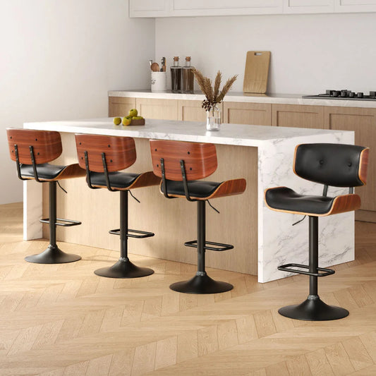 Bar Stools Set of 4 Kitchen Gas Lift Swivel Leather - Black