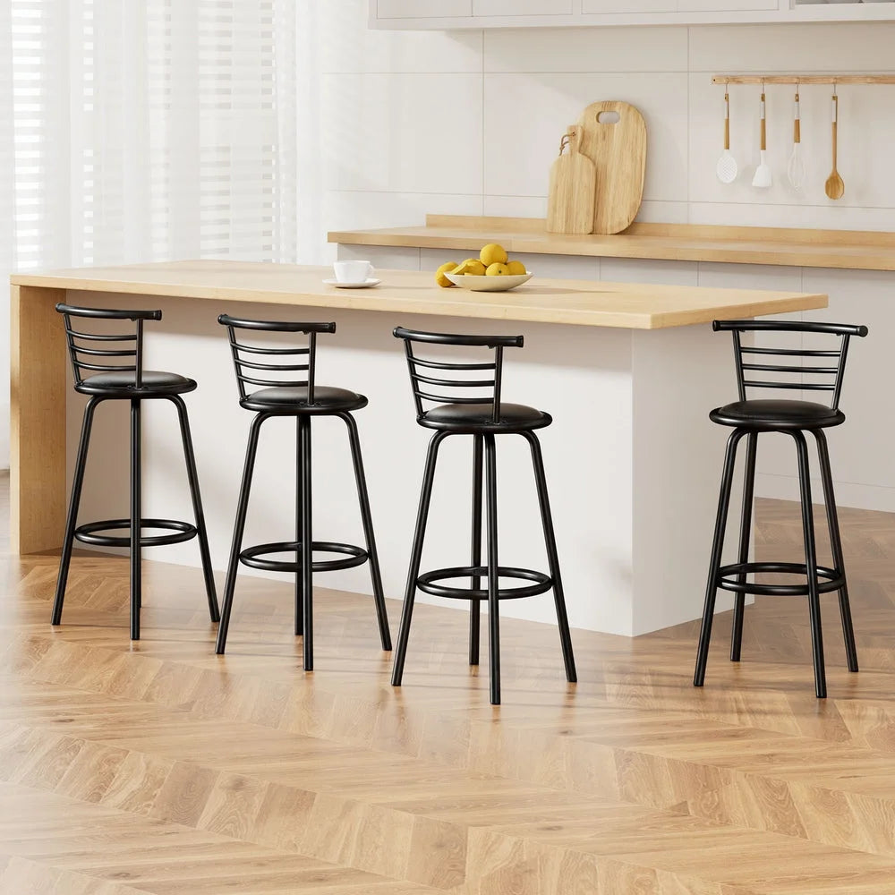 Bar Stools Set of 4 PU Leather - Black and Steel - Bar