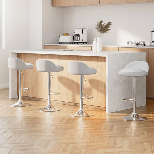Bar Stools Set of 4 PU Leather Gas Lift - White - Furniture
