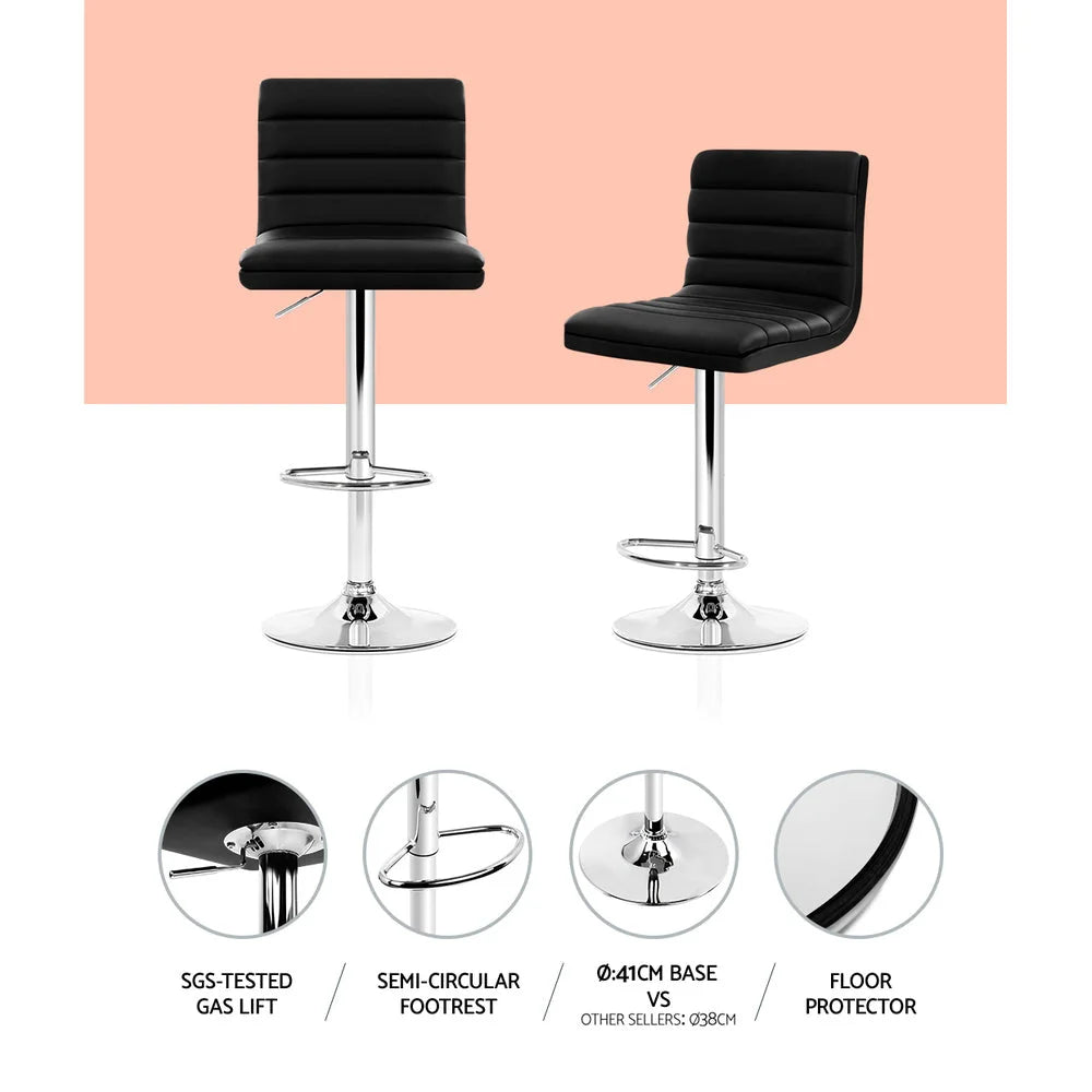 Bar Stools Set of 4 PU Leather Lined Pattern - Black