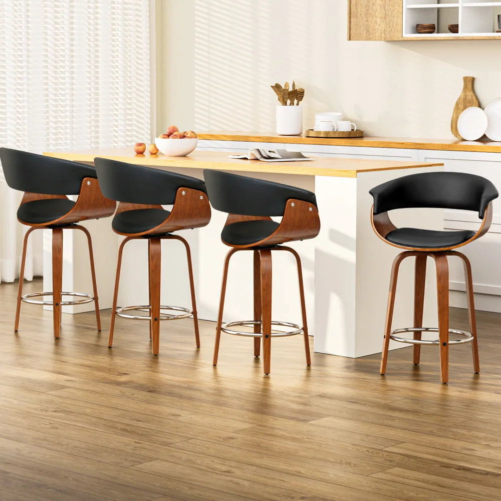 Bar Stools Set of 4 Swivel PU Leather - Wood and Black