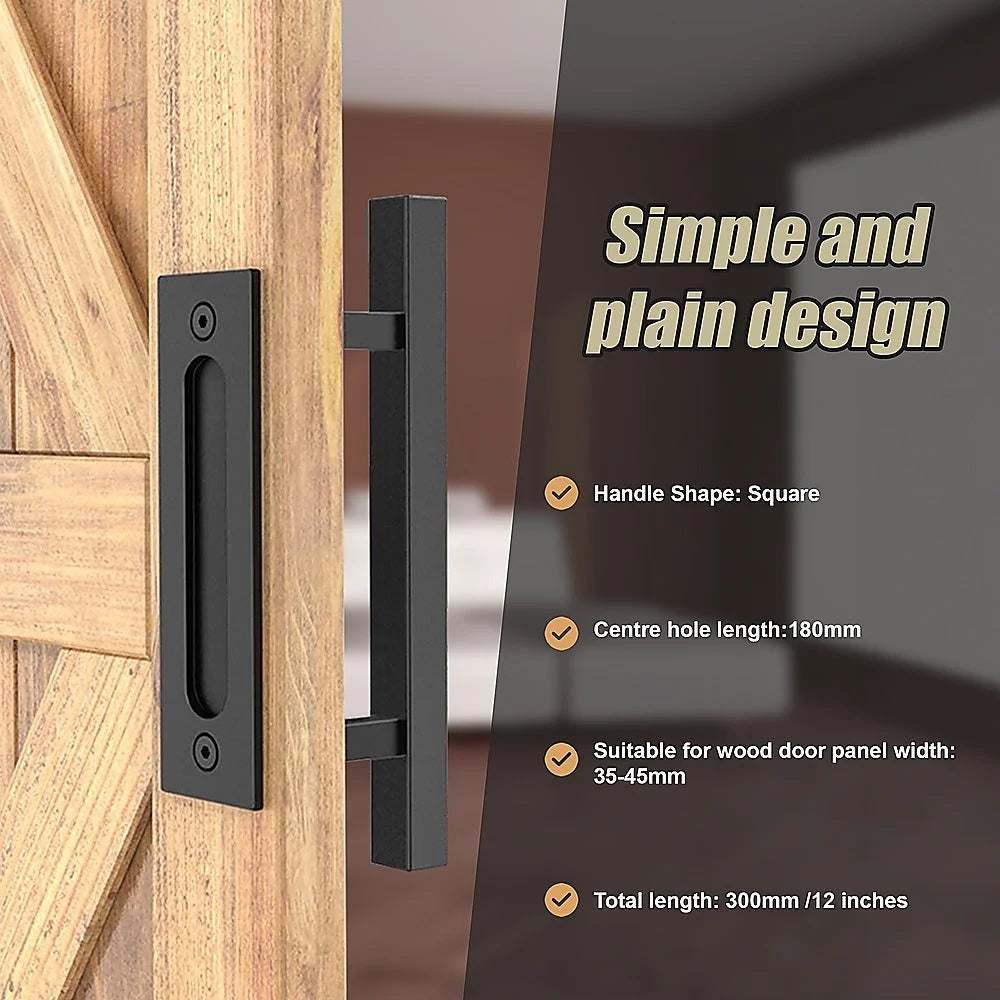 Barn Door Handle Set 12’’ Square Pull and Flush - Black