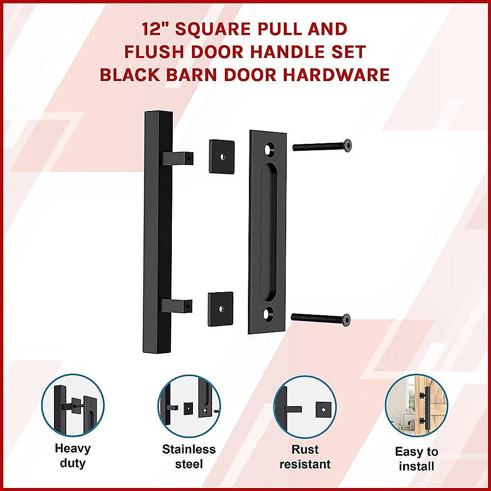 Barn Door Handle Set 12’’ Square Pull and Flush - Black