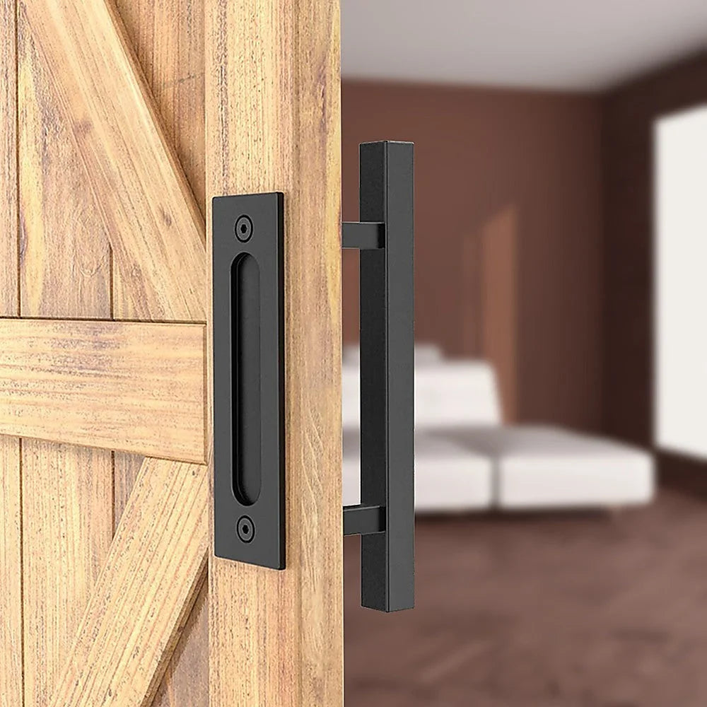 Barn Door Handle Set 12’’ Square Pull and Flush - Black