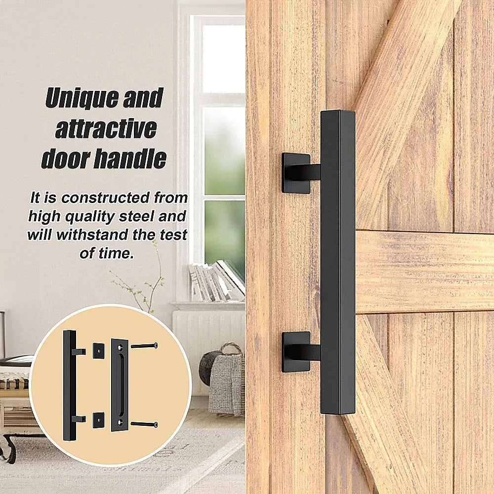Barn Door Handle Set 12’’ Square Pull and Flush - Black
