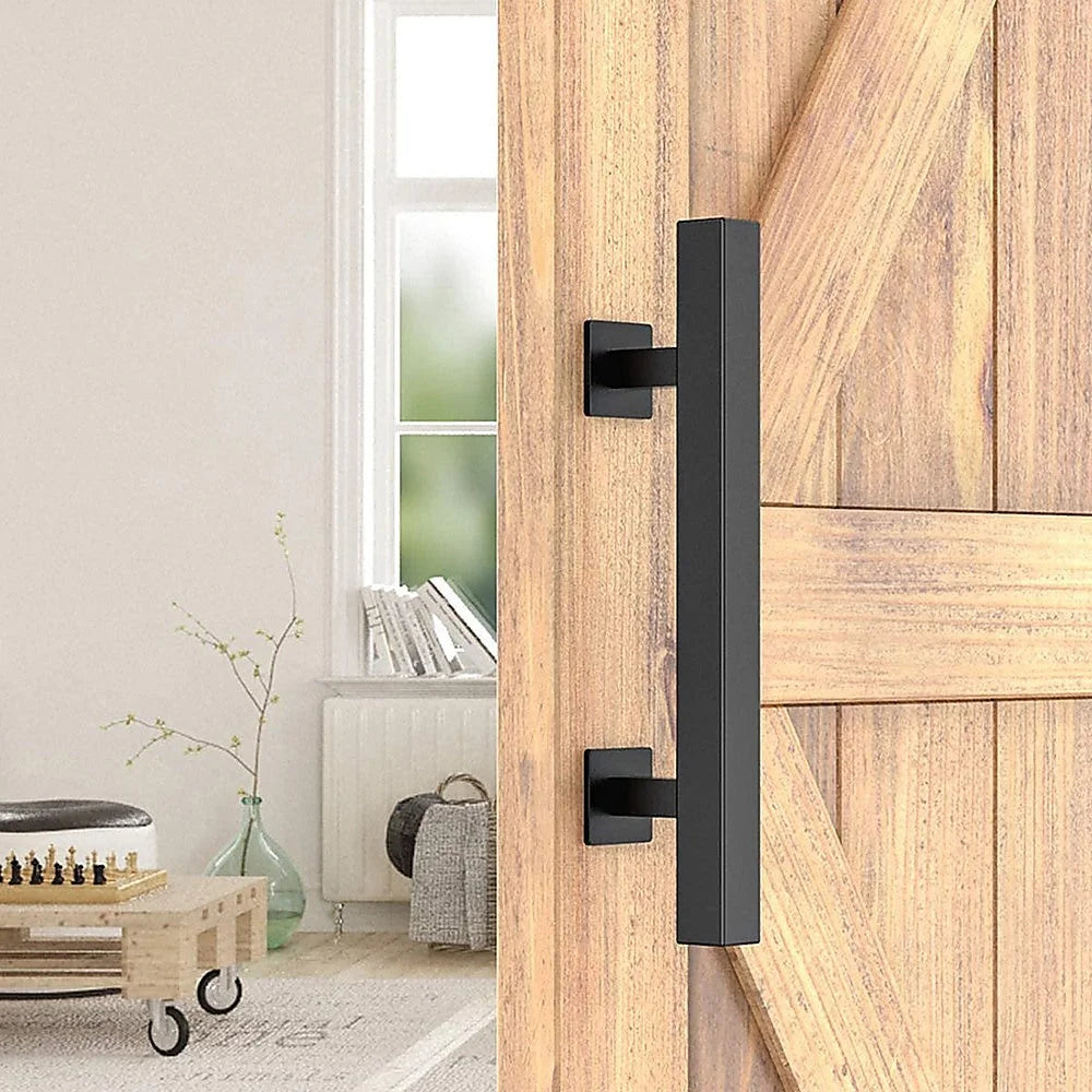 Barn Door Handle Set 12’’ Square Pull and Flush - Black