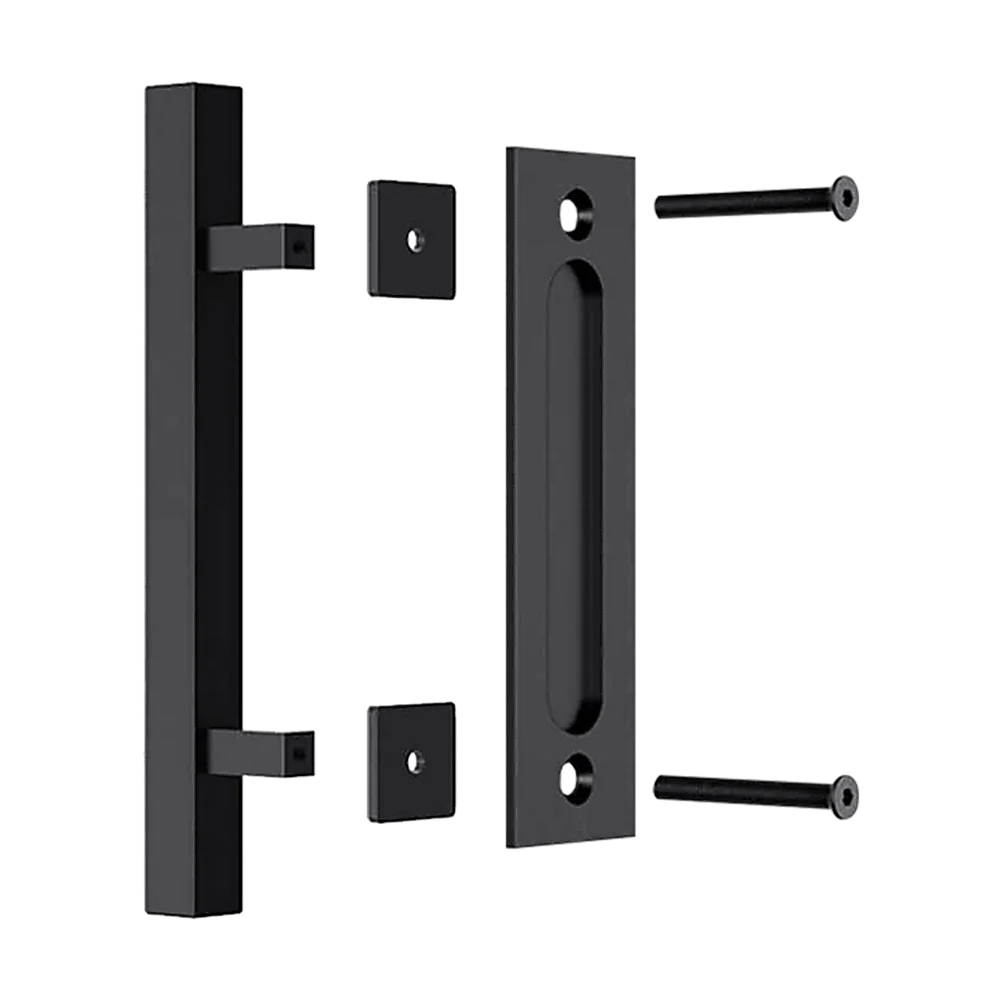 Barn Door Handle Set 12’’ Square Pull and Flush - Black