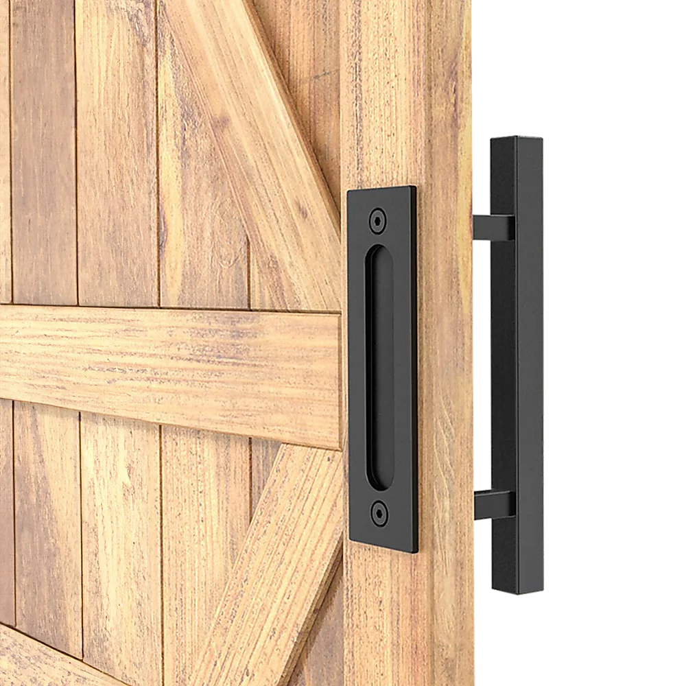 Barn Door Handle Set 12’’ Square Pull and Flush - Black