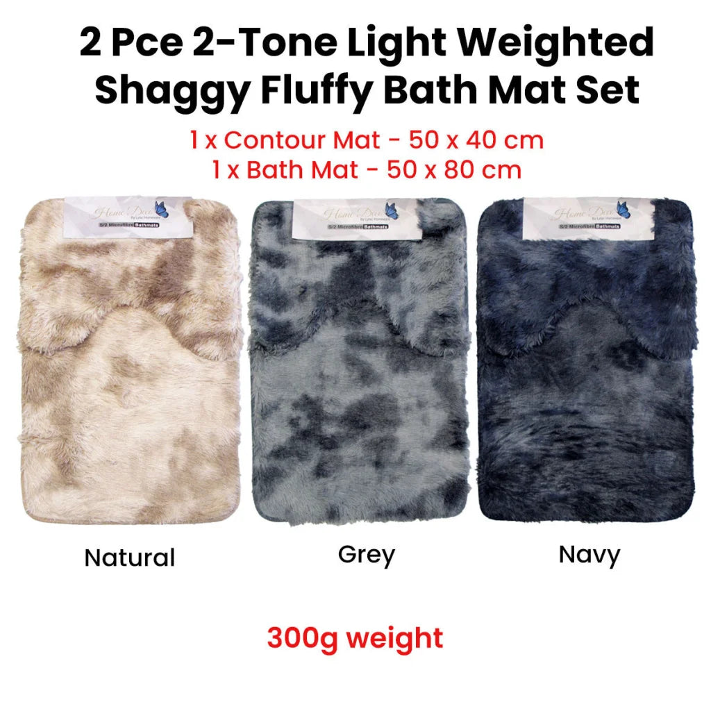 Bath Mat Set 2 Pce Shaggy Extra Light Weighted 2-Toned