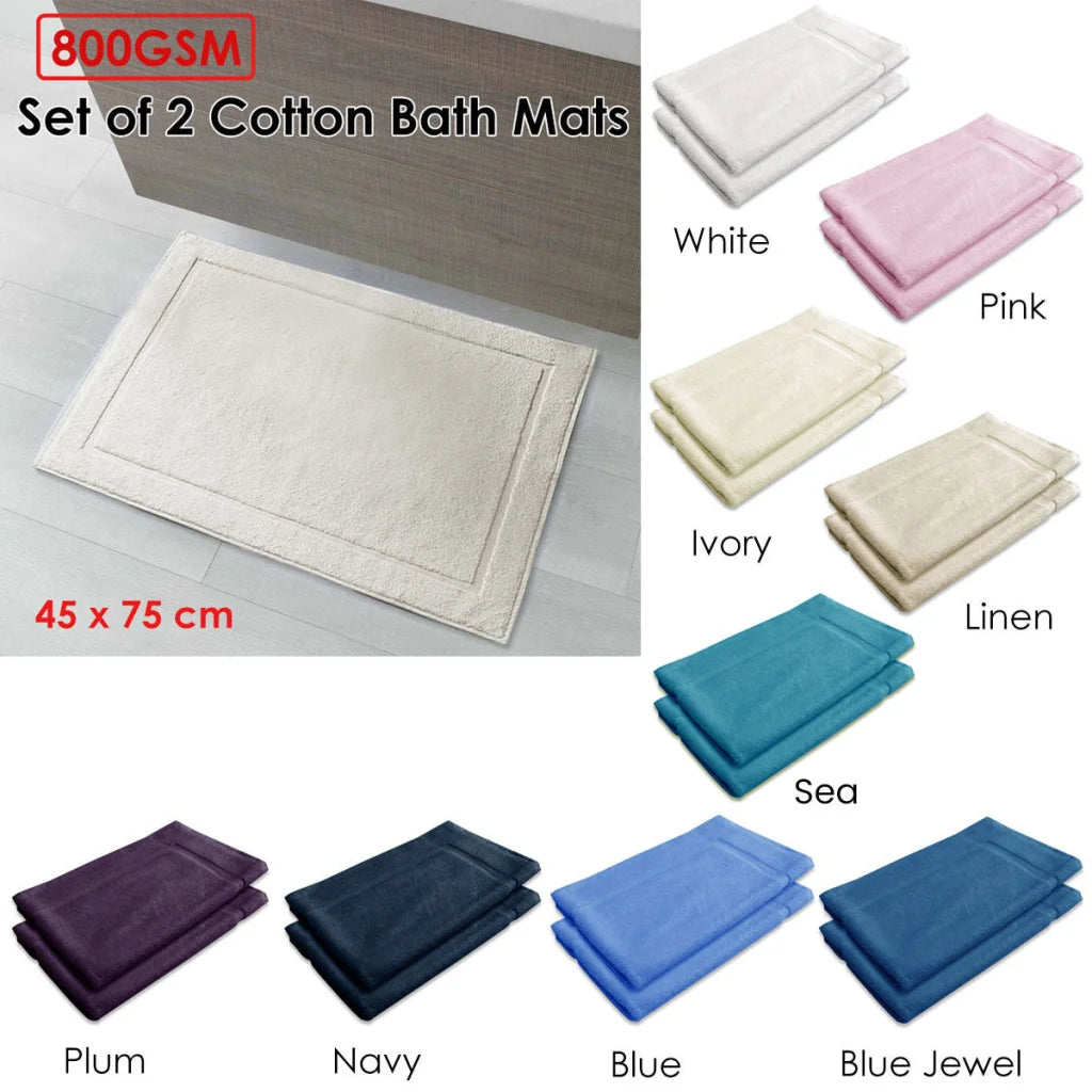 Bath Mat Set of 2 Cotton 800GSM Blue - Home & Garden