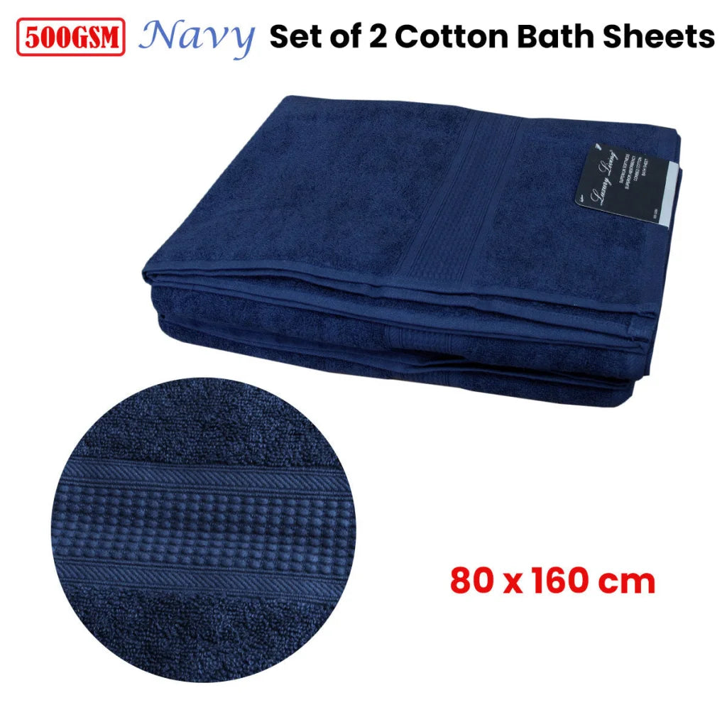 Bath Sheet Set of 2 500GSM 100% Cotton - Navy 80 x 160 cm