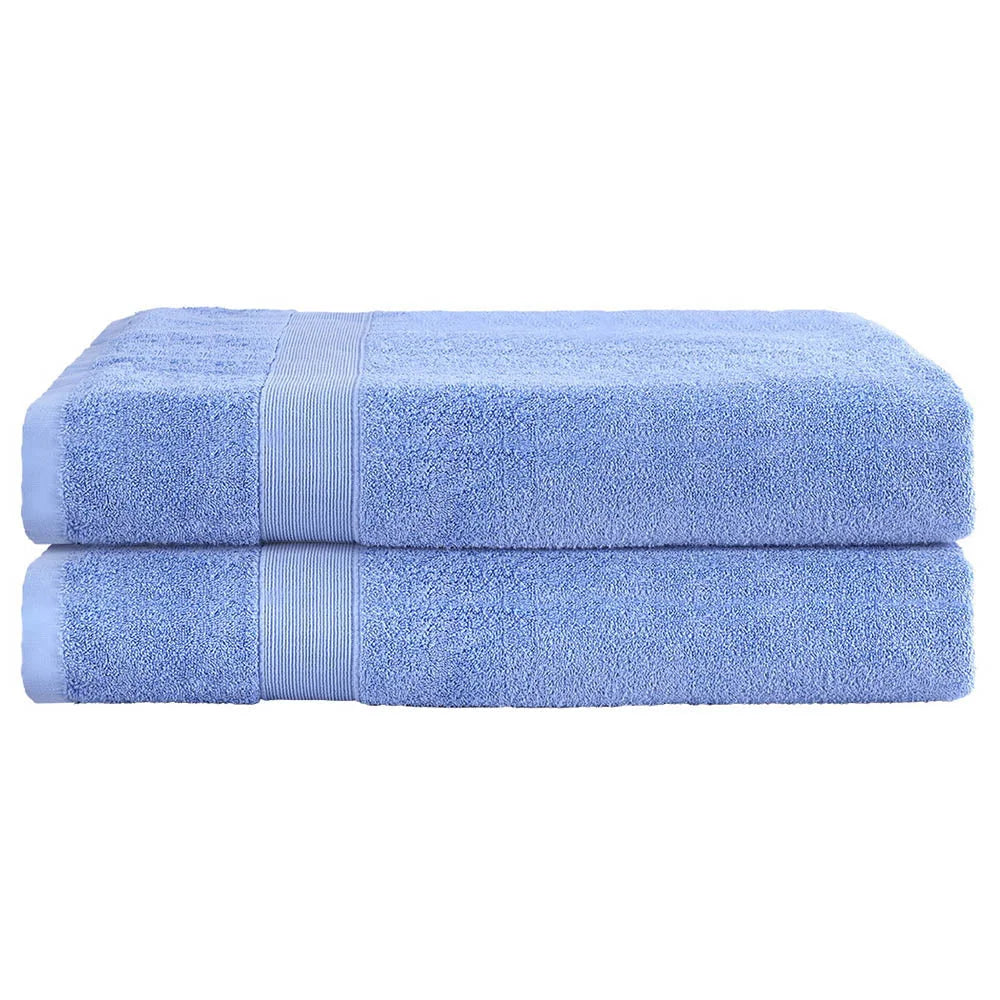 Blue cotton bath towel set with large towel pair and stitched hems