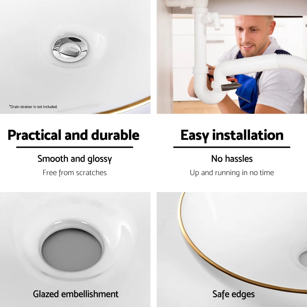 Bathroom Basin Ceramic Vanity Sink Hand Wash Bowl Gold Line