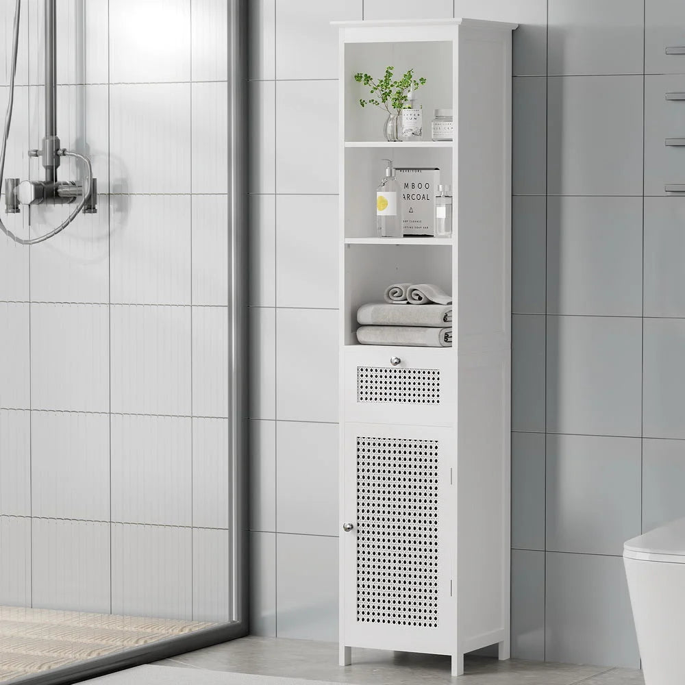 White rattan 161cm storage cabinet with drawer storage and cupboard doors