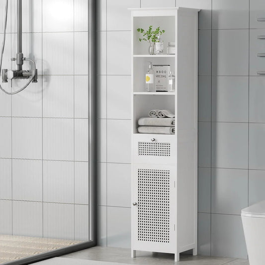 Bathroom Cabinet Storage 161CM - White Rattan Tallboy