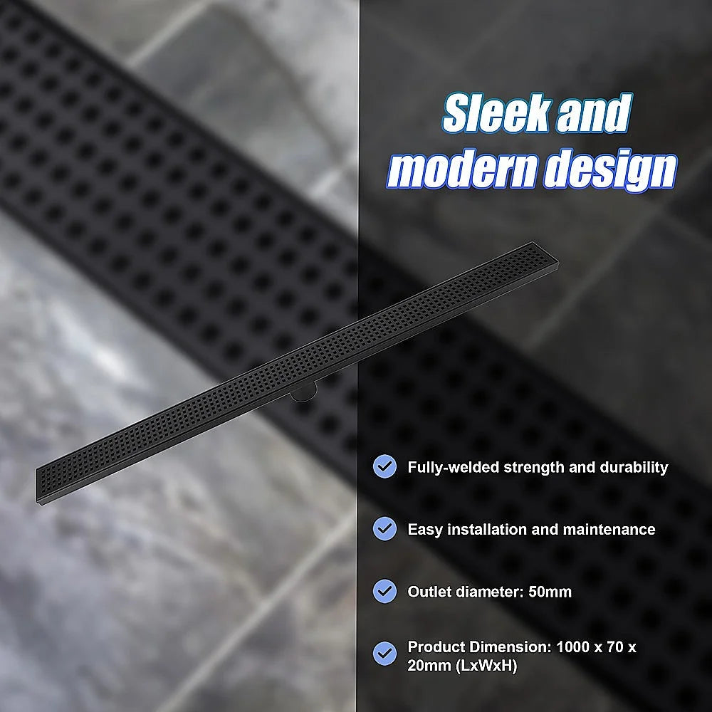 Bathroom Shower Black Grate Drain 1000mm with Centre Outlet
