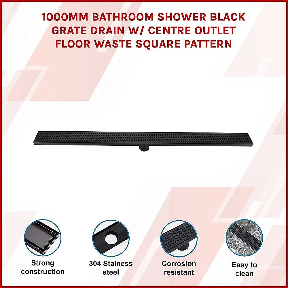 Bathroom Shower Black Grate Drain 1000mm with Centre Outlet