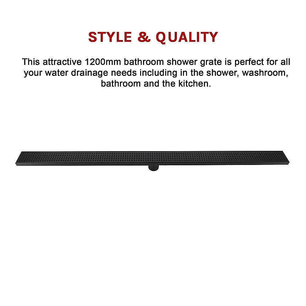 Bathroom Shower Black Grate Drain 1200mm with Centre Outlet