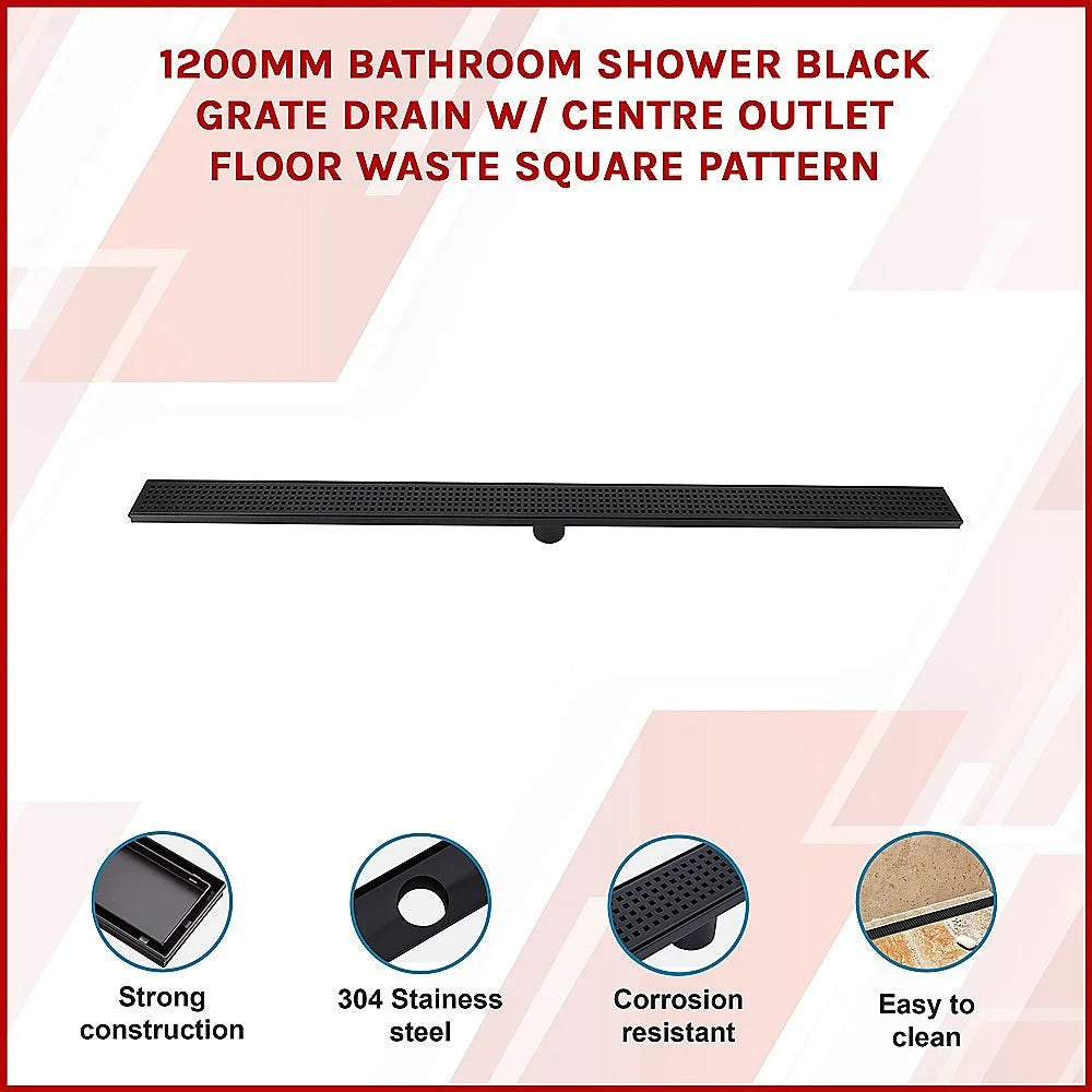Bathroom Shower Black Grate Drain 1200mm with Centre Outlet
