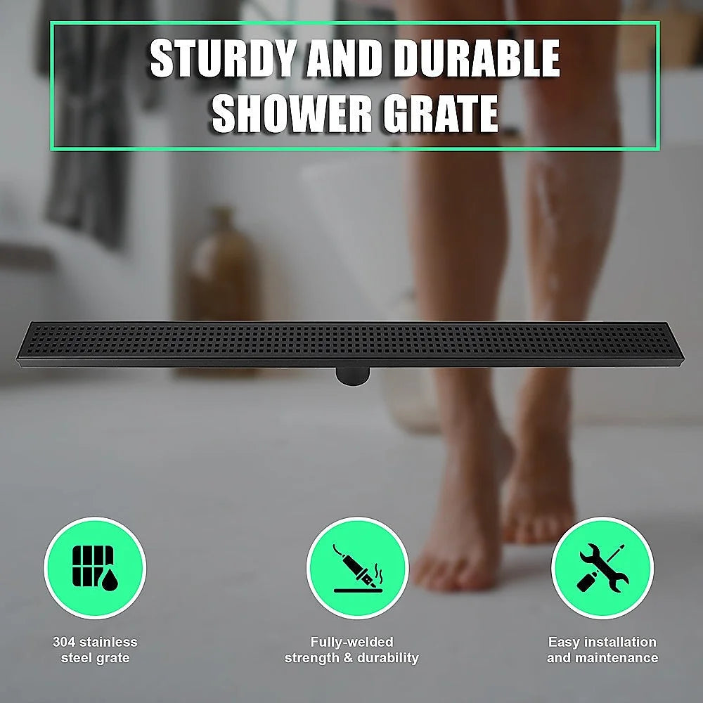 Bathroom Shower Black Grate Drain 900mm with Centre Outlet