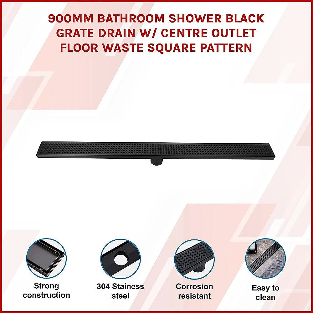Bathroom Shower Black Grate Drain 900mm with Centre Outlet