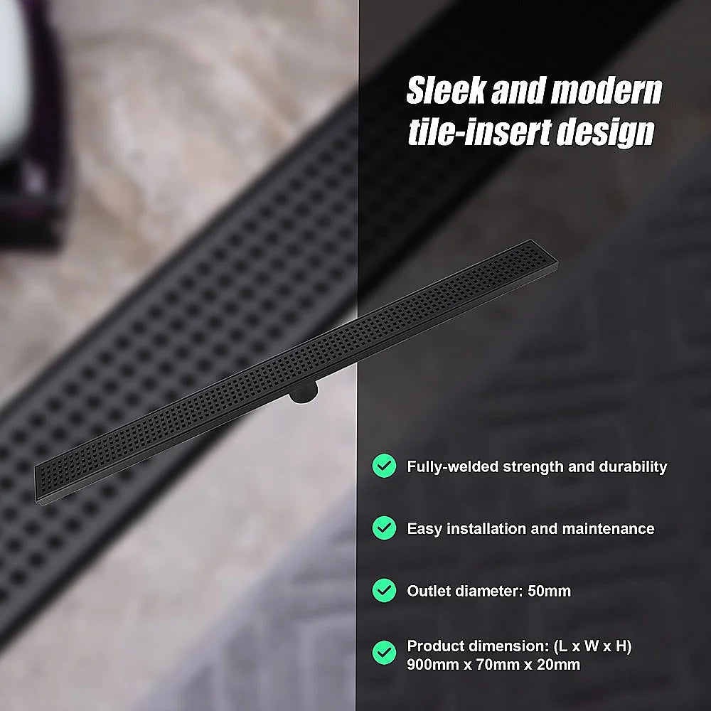 Bathroom Shower Black Grate Drain 900mm with Centre Outlet