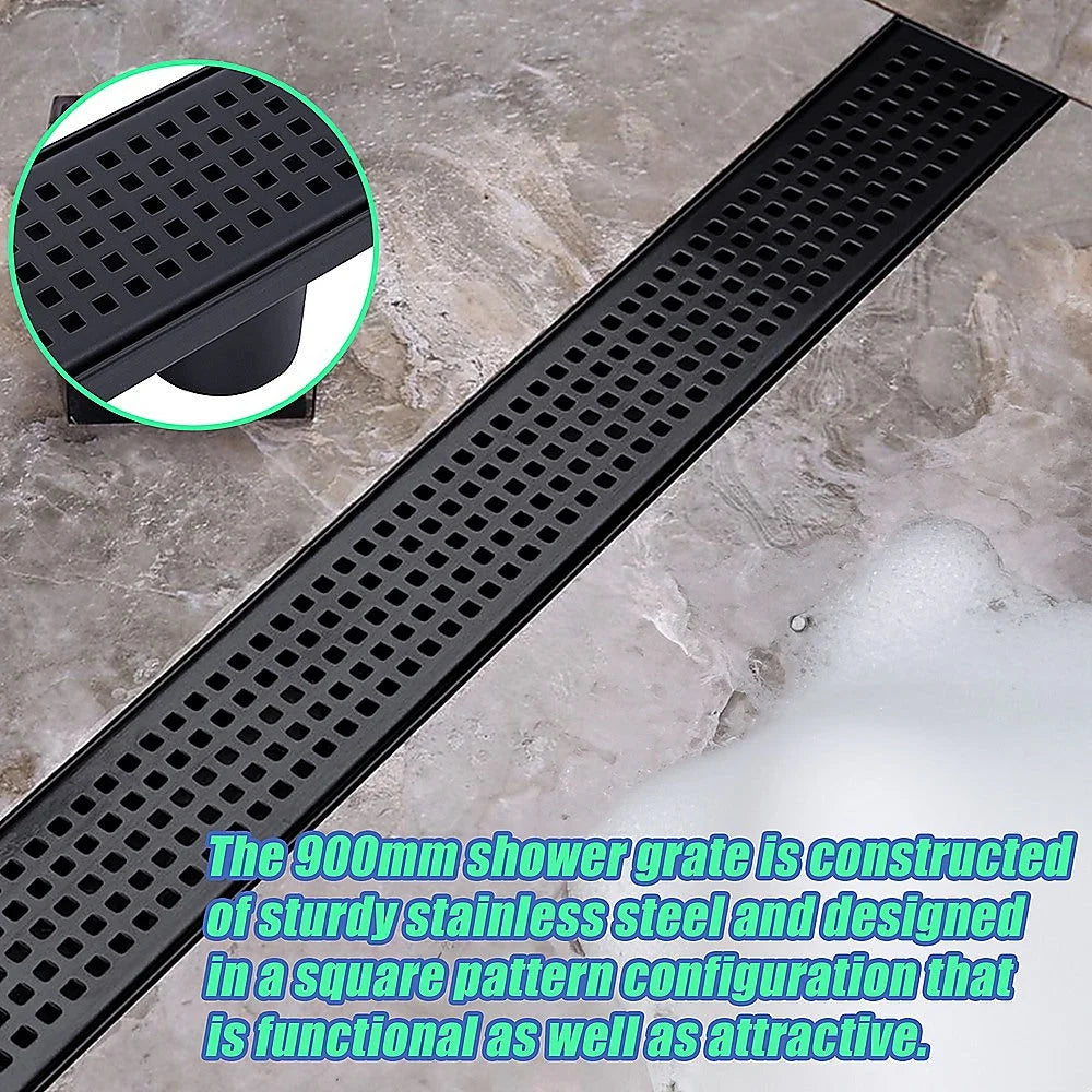 Bathroom Shower Black Grate Drain 900mm with Centre Outlet
