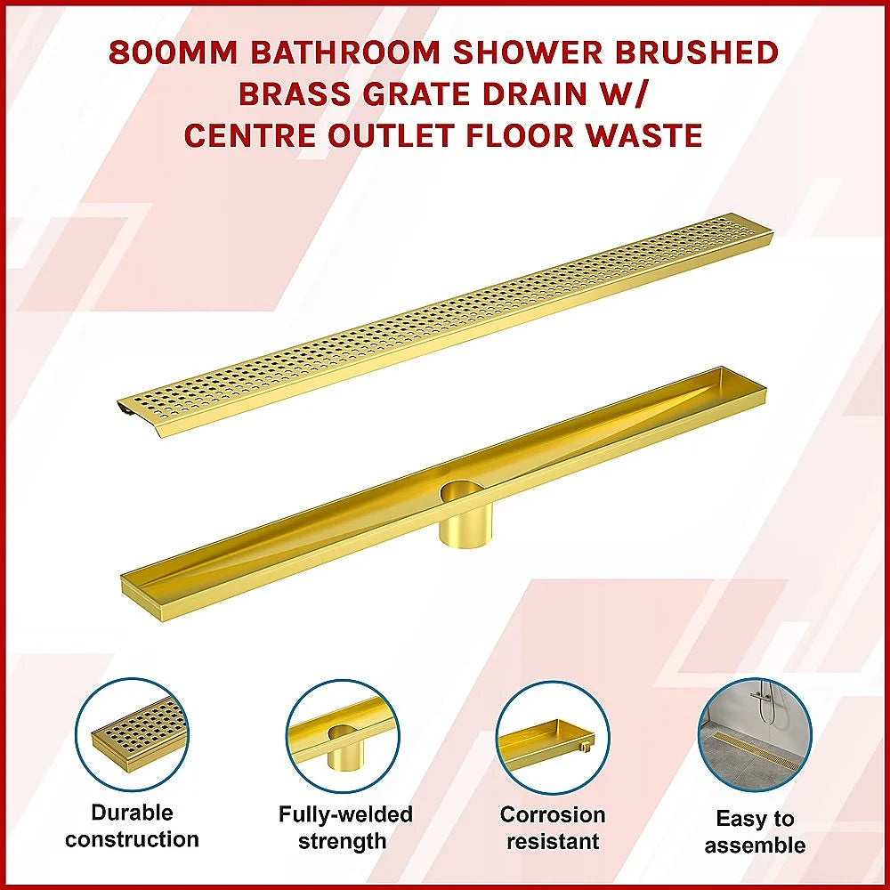 Bathroom Shower Brushed Brass Grate Drain 800mm with Centre