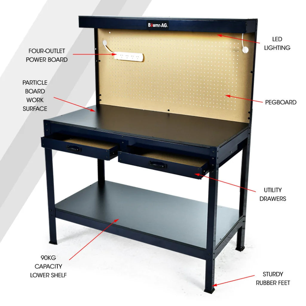 BAUMR-AG Steel Garage Workbench with LED Lights Pegboard