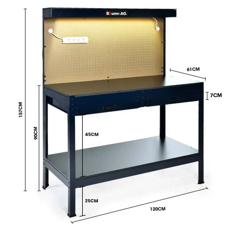 BAUMR-AG Steel Garage Workbench with LED Lights Pegboard