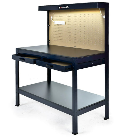 BAUMR-AG Steel Garage Workbench with LED Lights Pegboard