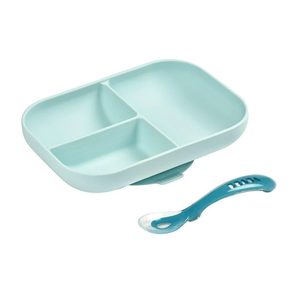 Beaba Silicone Suction Divided Plate & Spoon - Blue-1973194215533973504