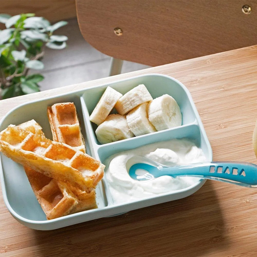 Beaba Silicone Suction Divided Plate & Spoon - Blue-1973194215533973507
