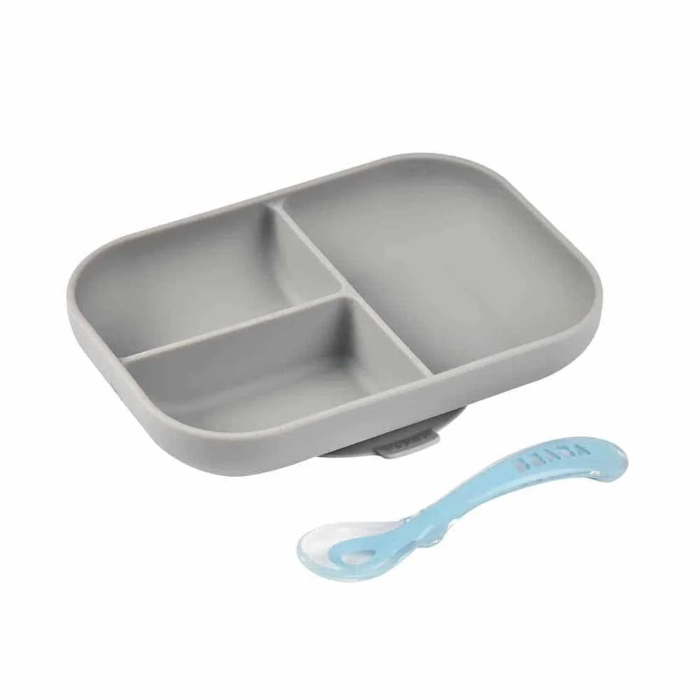 Beaba Silicone Suction Divided Plate & Spoon - Grey-1973194215865323520