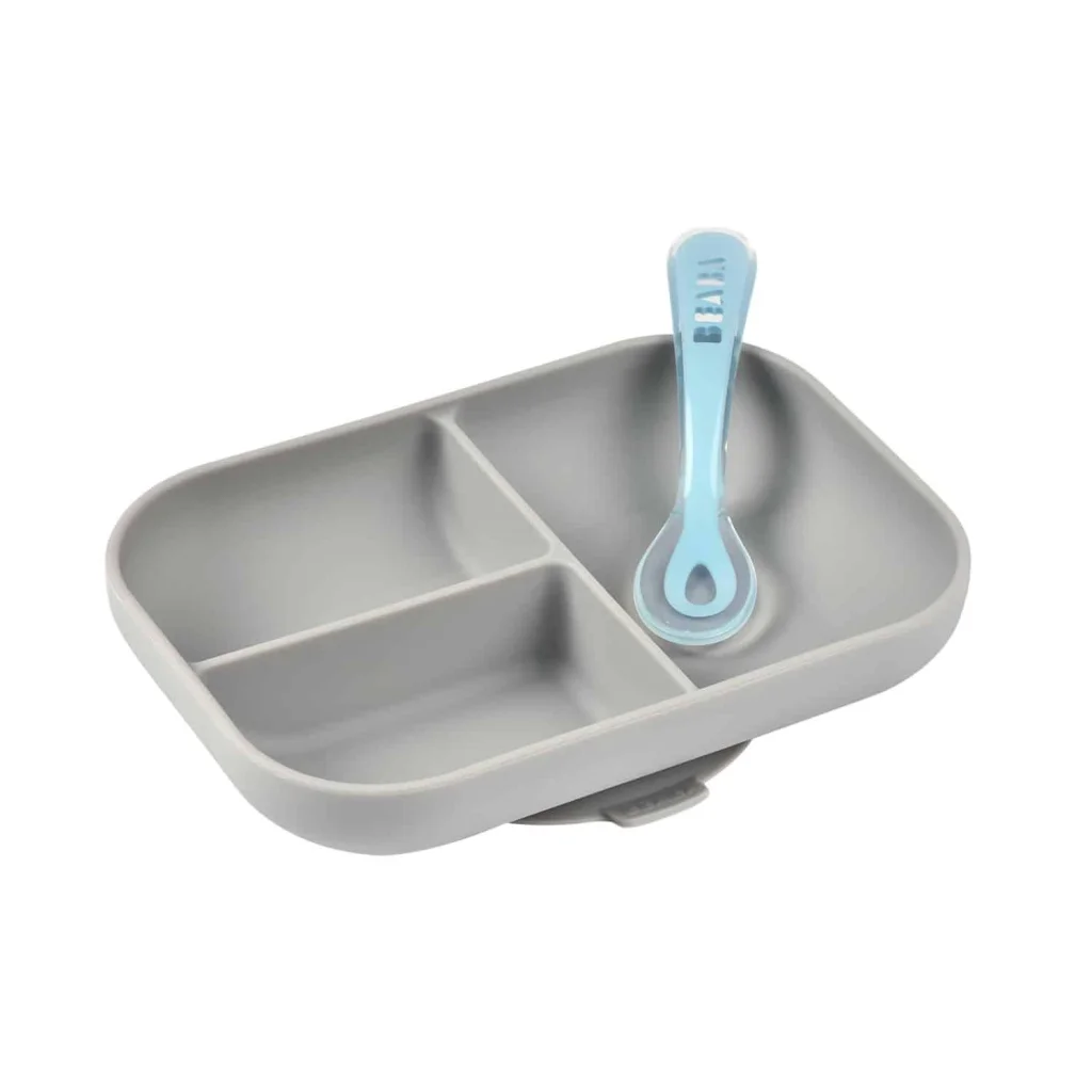 Beaba Silicone Suction Divided Plate & Spoon - Grey-1973194215865323521