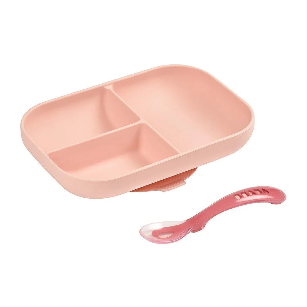 Beaba Silicone Suction Divided Plate & Spoon - Pink-1973194215705939968