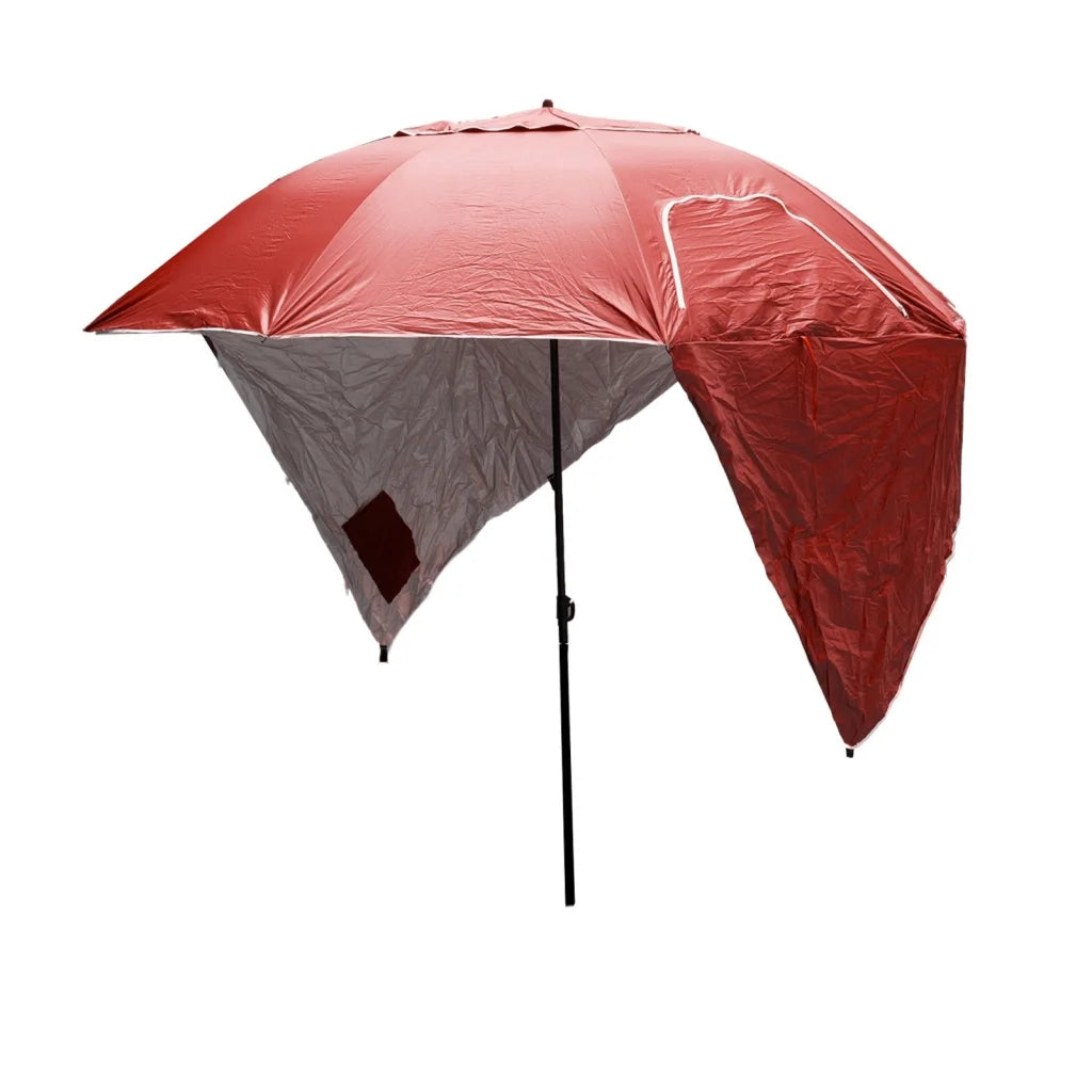 Red 4m beach umbrella havana with matching accessories and clear item layout