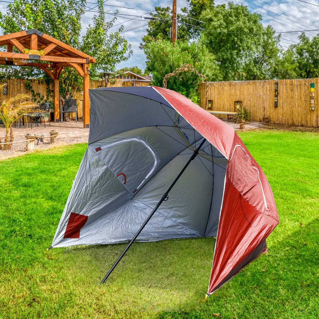 Red 4m beach umbrella havana with caster wheels and side handle rail