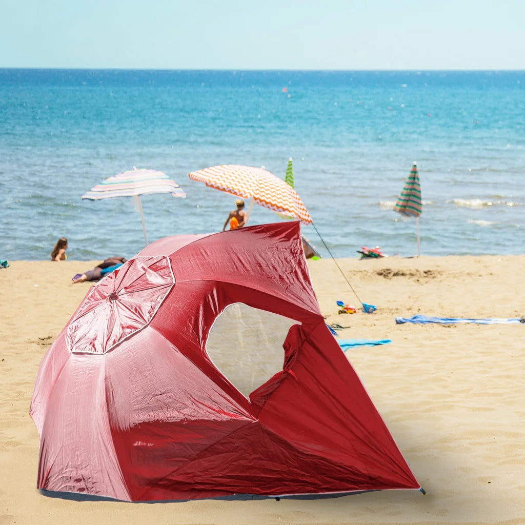 Red 4m beach umbrella havana with storage shelves and support legs