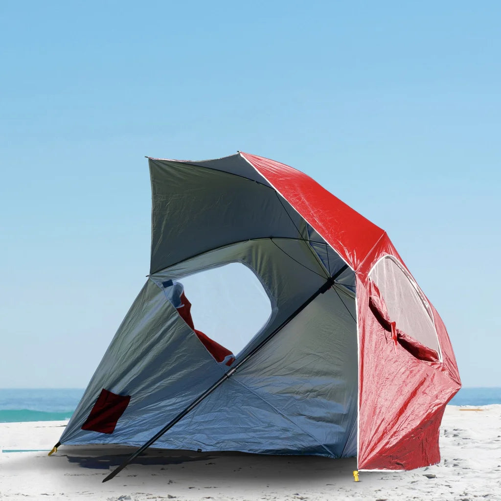Red 4m beach umbrella havana with boxed accessories and matching pieces
