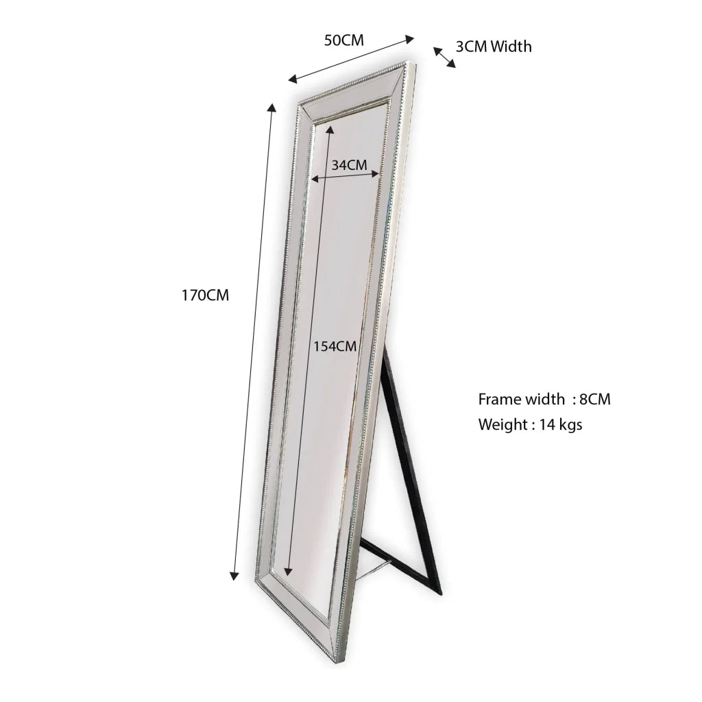 Beaded Framed Mirror Silver - Free Standing 50cm x 170cm