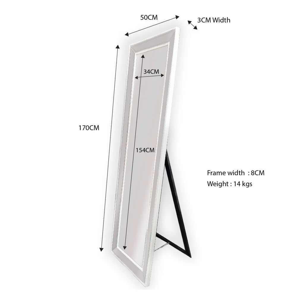 Beaded Framed Mirror - White Free Standing 50cm x 170cm